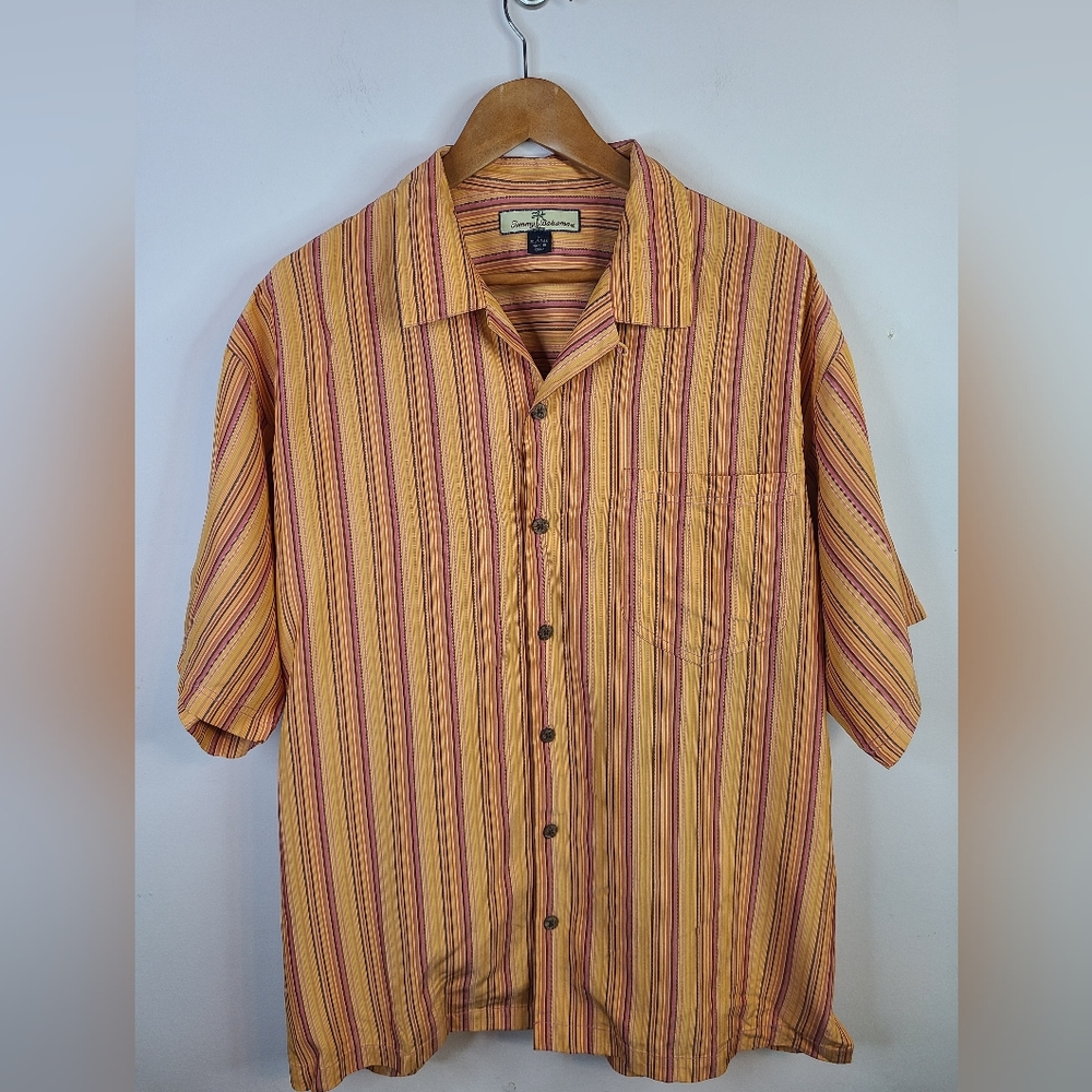 Tommy Bahama - Hawaiian Silk Button Down - SIZE L - Gold Yellow Orange Stripes